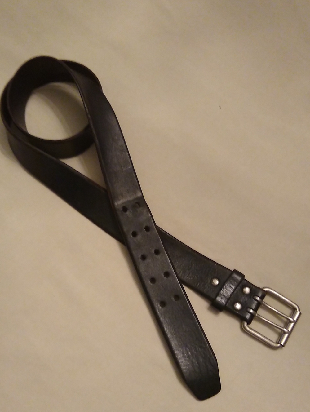 Black Leather Men’s Belt with Double-Prong Silver Buckle, #49